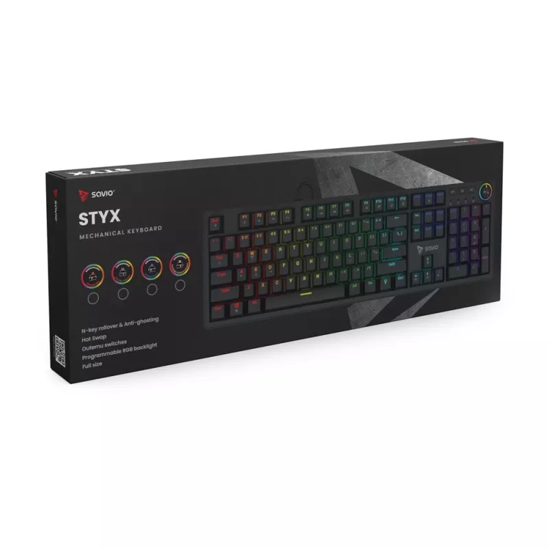 Mehāniskā spēļu tastatūra SAVIO STYX Outemu Red — pilna izmēra 104 taustiņu USB vadu, RGB, ANSI US International, 1,5 m, melna