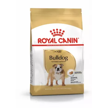 Sausā suņu barība Royal Canin Bulldog Adult 12 kg — pieaugušiem buldogiem, vistas garša, 24% olbaltumvielu, 14% tauku
