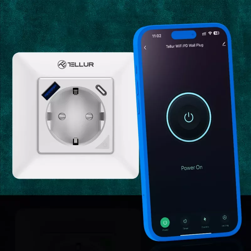 Viedais WiFi sienas kontaktligzdas spraudnis Tellur TLL331531 — 3600W 16A, Wi‑Fi tālvadība