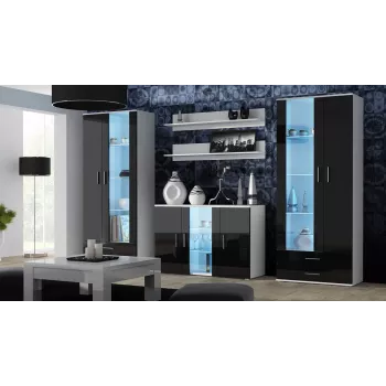 Bufete Cama Meble SOHO S7 120 cm — 3 durvis, 4 plaukti, balta virsma, melns spīdums