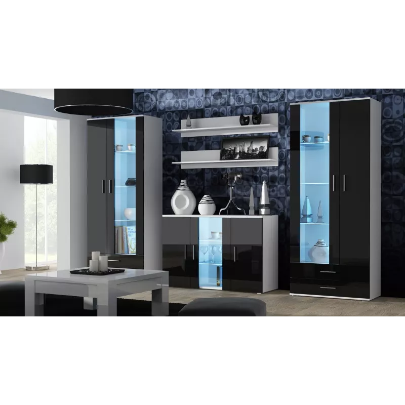 Bufete Cama Meble SOHO S7 120 cm — 3 durvis, 4 plaukti, balta virsma, melns spīdums
