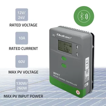 MPPT saules uzlādes kontrolieris QOLTEC 10A 12V/24V sistēmām ar LCD displeju