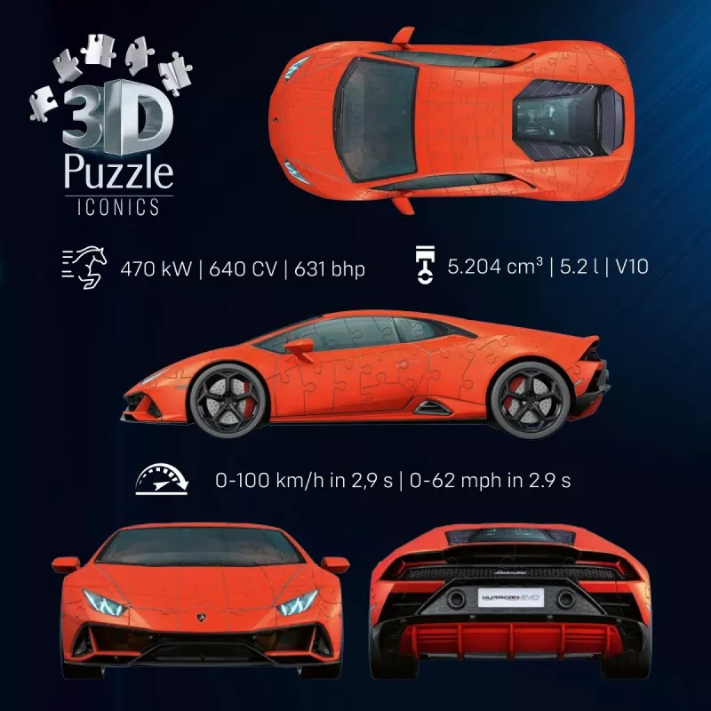 3D Puzzle Ravensburger Lamborghini Huracan EVO — 158 gab., mēroga modeļa konstrukcija