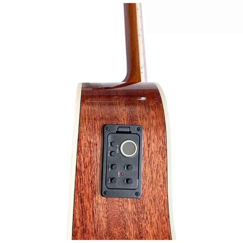Elektroakustiskā ģitāra V-tone VEAG1 CE 4/4 Wood — pilna izmēra dreadnought, izgriezums, egles koka virsma, sarkankoka aizmugure un sāni, iebūvēts priekšpastiprinātājs