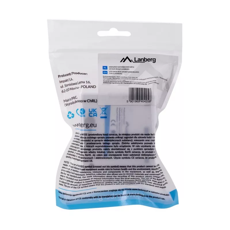 LANBERG Outlet Box RJ-45 Cat6 OU6-0002-W balta, 2 ligzdas, 30×54×57 mm