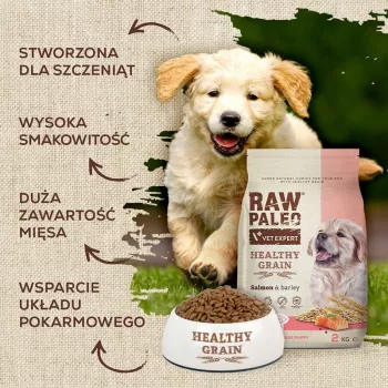 Sausā suņu barība VETEXPERT Raw Paleo Healthy Grain Puppy laša un miežu 10 kg, proteīns 29% tauki 17% mitrums 9%