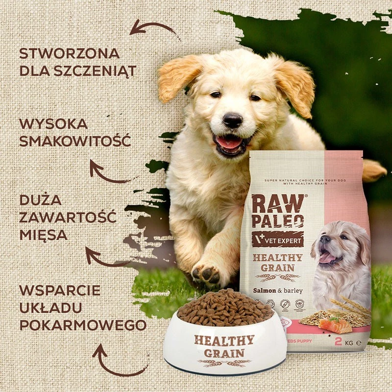 Sausā suņu barība VETEXPERT Raw Paleo Healthy Grain Puppy laša un miežu 10 kg, proteīns 29% tauki 17% mitrums 9%