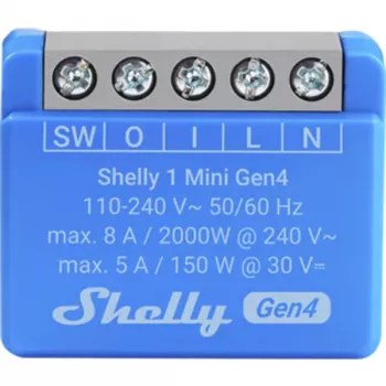 Viedais slēdzis Shelly 1 Mini Gen4 1P bezvadu 110–240 V 50–60 Hz 1,2 W Bluetooth Wi‑Fi ZigBee 34×16×29 mm