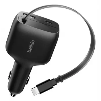 Belkin 75 W 2 portu ar izvelkamo USB-C kabeli automašīnas lādētājs — Kabelis (CCC001HQBK)