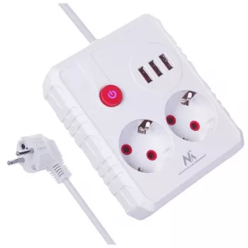 Strāvas sadalītājs MACLEAN MCE387 W — 2 rozetes, 3×USB A, 110–240V, 2500W, 1,5 m kabelis, balts