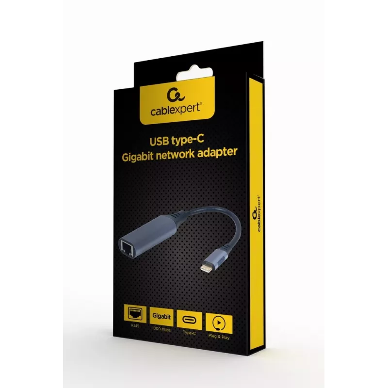 Tīkla adapteris Gembird A-USB3C-LAN-01 Type-C USB 3.2 Gen 1, Gigabit RJ-45, 0,15 m kabelis, metāla korpuss, pelēks/melns