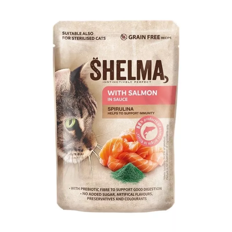 Mitrā kaķu barība SHELMA ar lasi un mencu mērcē, 4 x 85 g paciņas, 81% mitrums, 10% olbaltumvielas