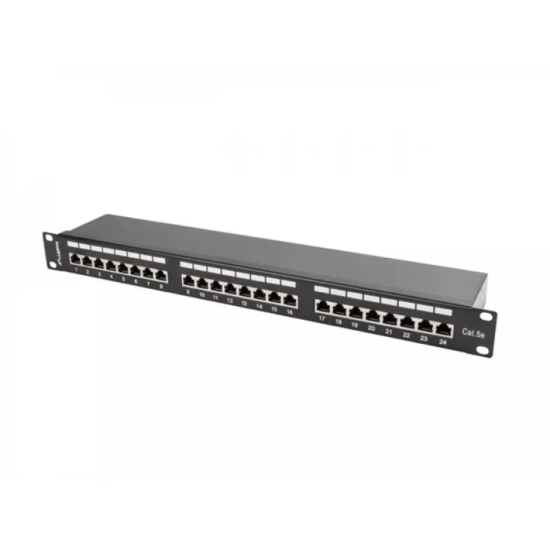 Plāksteru panelis 1U LANBERG PPS5-1024-B — 24 portu RJ-45 Cat5, metāla, melns, montāža statīvā
