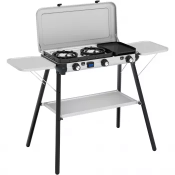 Camping Kitchen 2 Multi Cook Plus, gāzes plīts, pelēka, 2 gatavošanas zonas 2x 1,8 kW + grila plāksne 0,9 kW, modelis 2025
