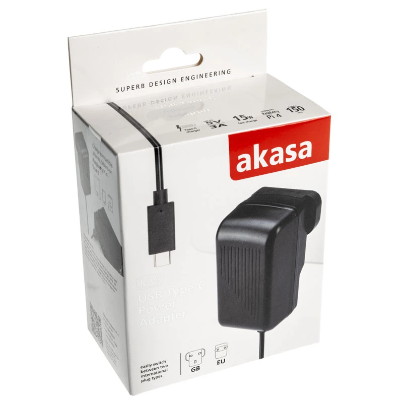 Iekštelpu maiņstrāvas ātrais lādētājs Akasa AK-PK15-02CM — 15W, USB-C 3A, 1,5 m kabelis, melns