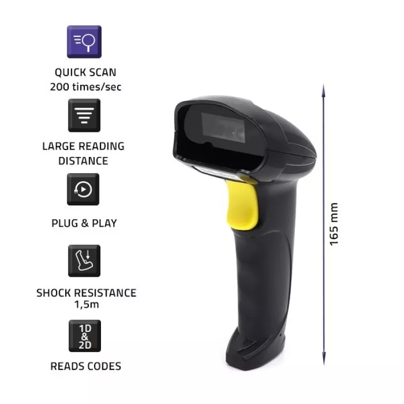 Rokas vadu 1D/2D svītrkodu skeneris QOLTEC 50853 — USB, ABS korpuss, 1,65 m kabelis, 97×65×167 mm, 105 g