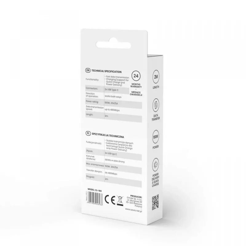 Savio CL-160 USB kabelis 2 m USB 2.0 USB C - USB C Melns