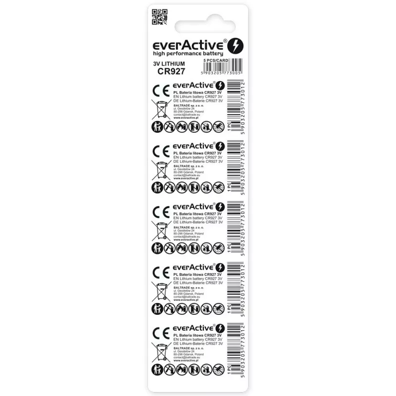Litija monētu baterija everActive CR927 3V, 30 mAh, poga/monēta, augstums 2,7 mm — 5 gab. iepakojumā