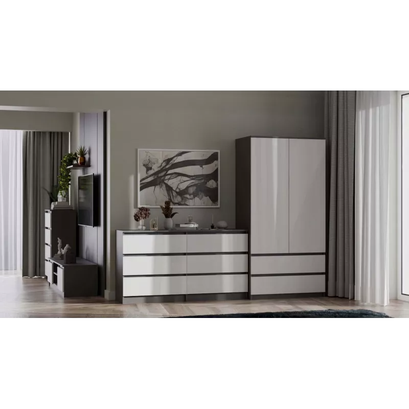 Skapis top e shop MALWA SS-90, 90×180×50 cm, antracīta rāmis, baltas veramas durvis, 2 atvilktnes, lamināts 16 mm
