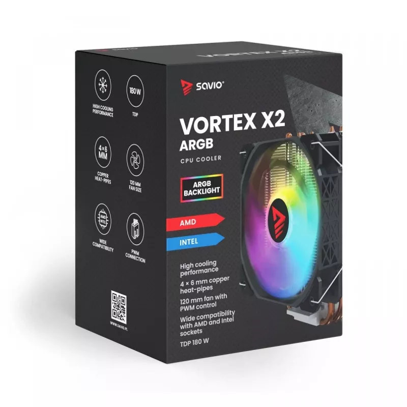 CPU dzesētājs SAVIO SAVGCOVORTEXX2ARGB ar 4 siltuma caurulēm, 120 mm ARGB ventilatoru, melns