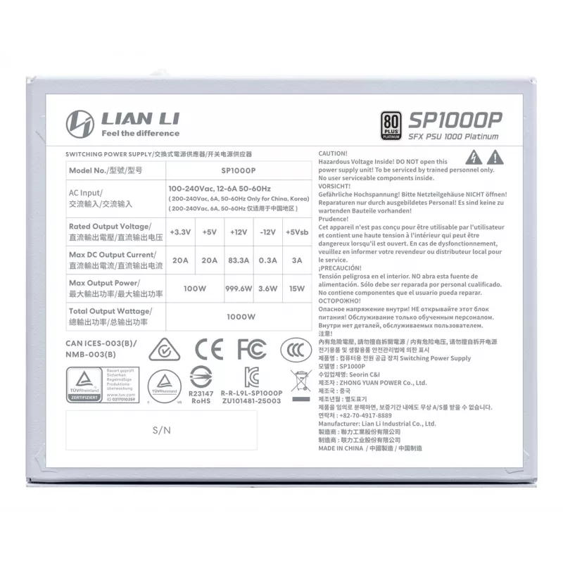 Barošanas bloks Lian Li SP Series Platinum SFX pilnībā modulārs PCIe 5.1 ATX 3.1 1000W (G9P.SP1000P.W000.EU)