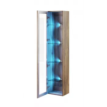 Vitrīna Cama Meble VIGO 180 — pie sienas stiprināma stikla vitrīna, 1800×400×300 mm, wotan ozols