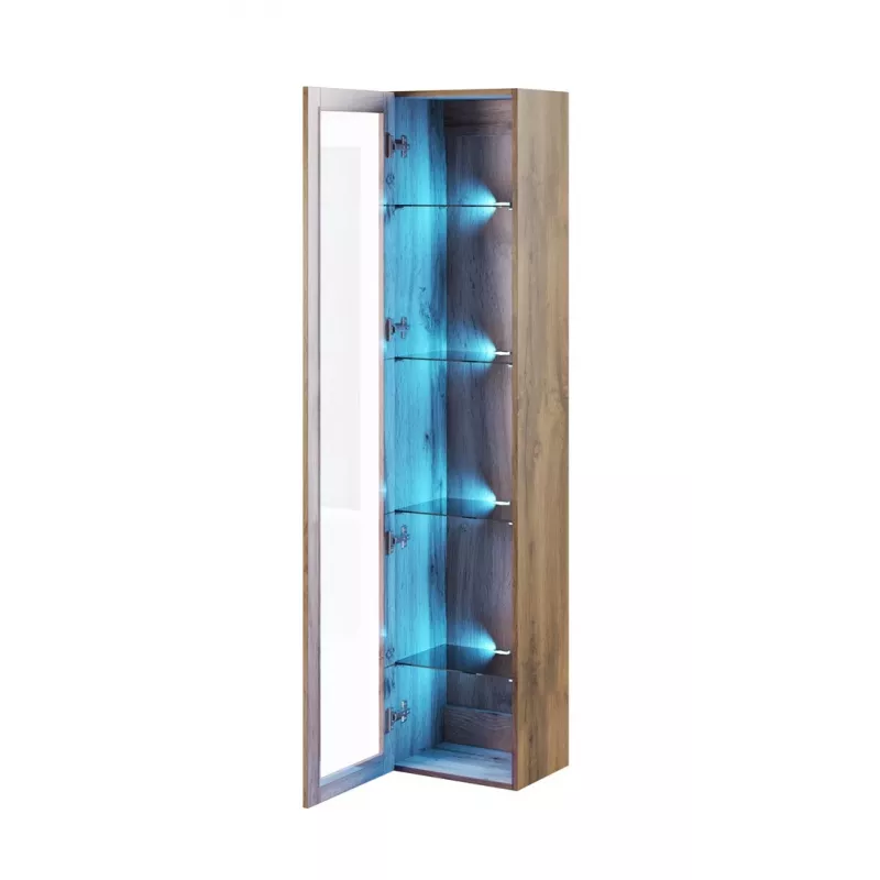 Vitrīna Cama Meble VIGO 180 — pie sienas stiprināma stikla vitrīna, 1800×400×300 mm, wotan ozols