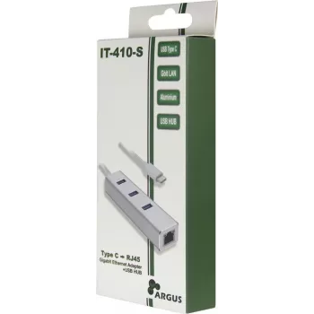 Inter-Tech Argus IT-410-S - USB 3.2 Gen 1 (3.1 Gen 1) Type-C - RJ-45 - USB 3.2 Gen 1 (3.1 Gen 1) Type-A - Pelēks - Alumīnijs - LAN - USB - Gigabitu Ethernet (88885472)