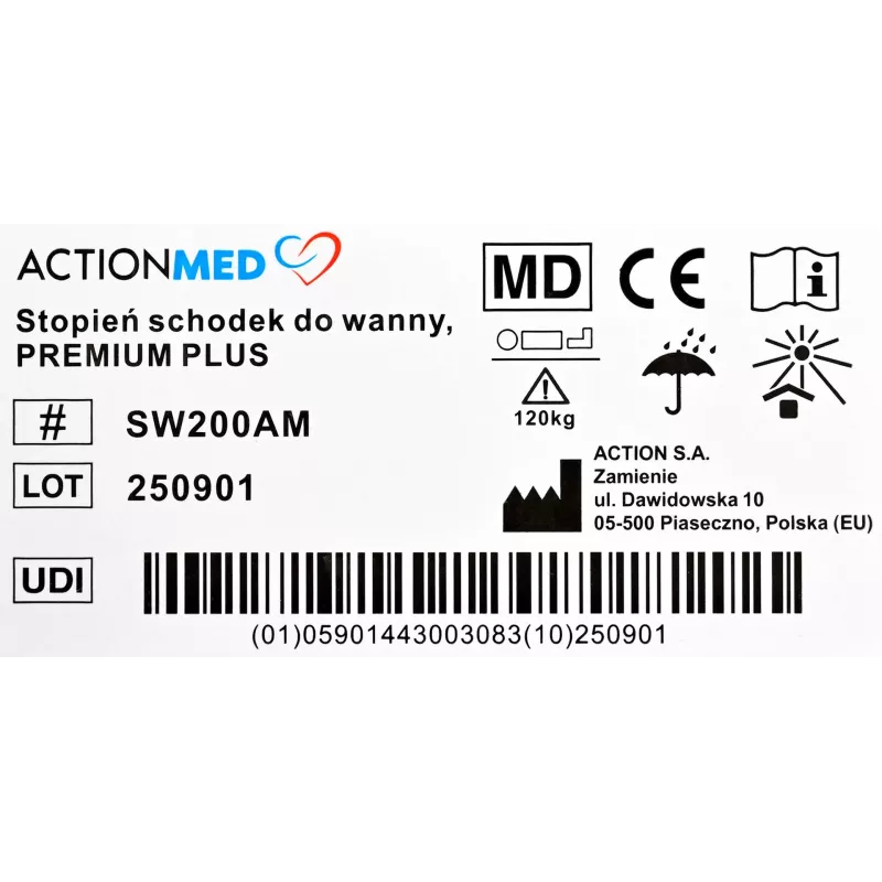 Vannas pakāpiens (dušas ķeblītis) ActionMed SW200AM — melns, neslīdoša virsma un kājas, maksimālā lietotāja masa 120 kg