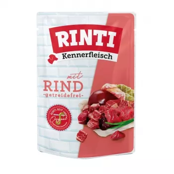 Mitrā suņu barība RINTI Kennerfleisch Liellopu gaļa 400 g — viena proteīna liellopu gaļa, pilnvērtīga barība pieaugušiem suņiem, 400 g