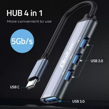 USB centrmezgls QOLTEC 53792, USB-C 3.1 uz 4 portiem (USB 3.0 x1, USB 2.0 x3)