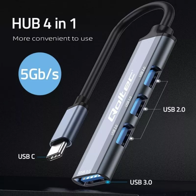 USB centrmezgls QOLTEC 53792, USB-C 3.1 uz 4 portiem (USB 3.0 x1, USB 2.0 x3)