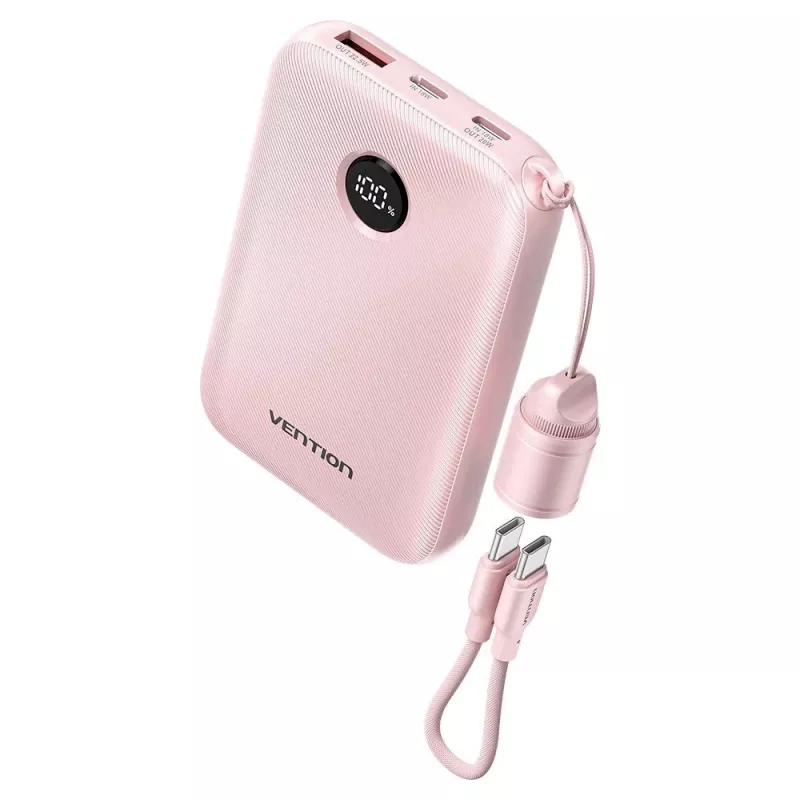Ārējais akumulators Vention FKAP0-C 10000 mAh, 2× USB-C + 1× USB-A, 22.5 W, Rozā