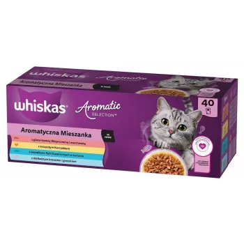 Mitrā kaķu barība WHISKAS Aromatic selection Mix — 40 x 85 g paciņas, pieaugušiem kaķiem, 83,6% mitruma