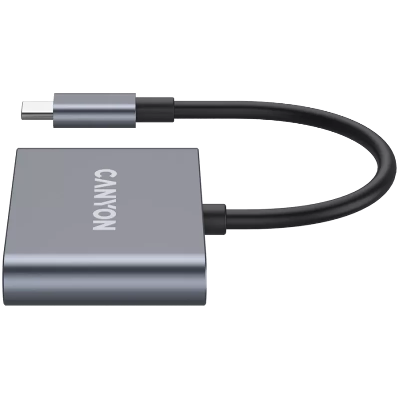 USB-C 3-in-1 centrmezgls CANYON DS-3 tumši pelēks — USB-C uz USB-A + HDMI + strāvas padeves caureja