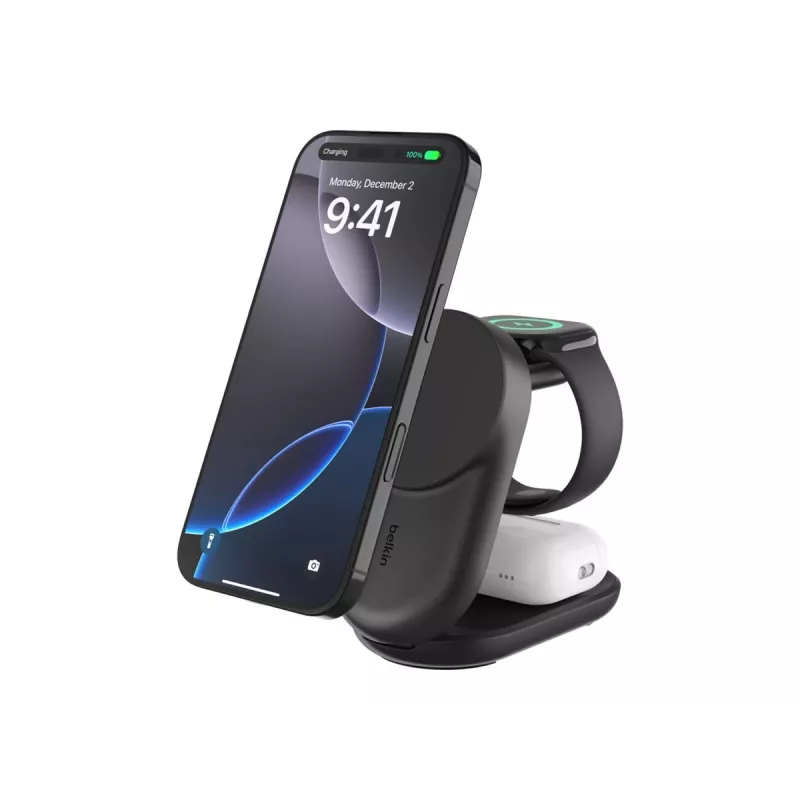 Belkin UltraCharge 25W Qi2 3in1 magnētiskais lādētājs, EU, melns, apaļš