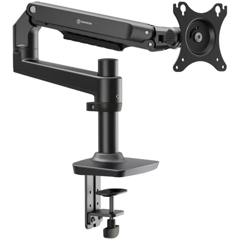 Galda monitora stiprinājums ONKRON MS75-B ekrāniem no 43,2 līdz 96,5 cm (17 collas–38 collas), spīle/caurlaide, līdz 11 kg, VESA 75×75–100×100, augstuma regulēšana, grozāms un noliecams