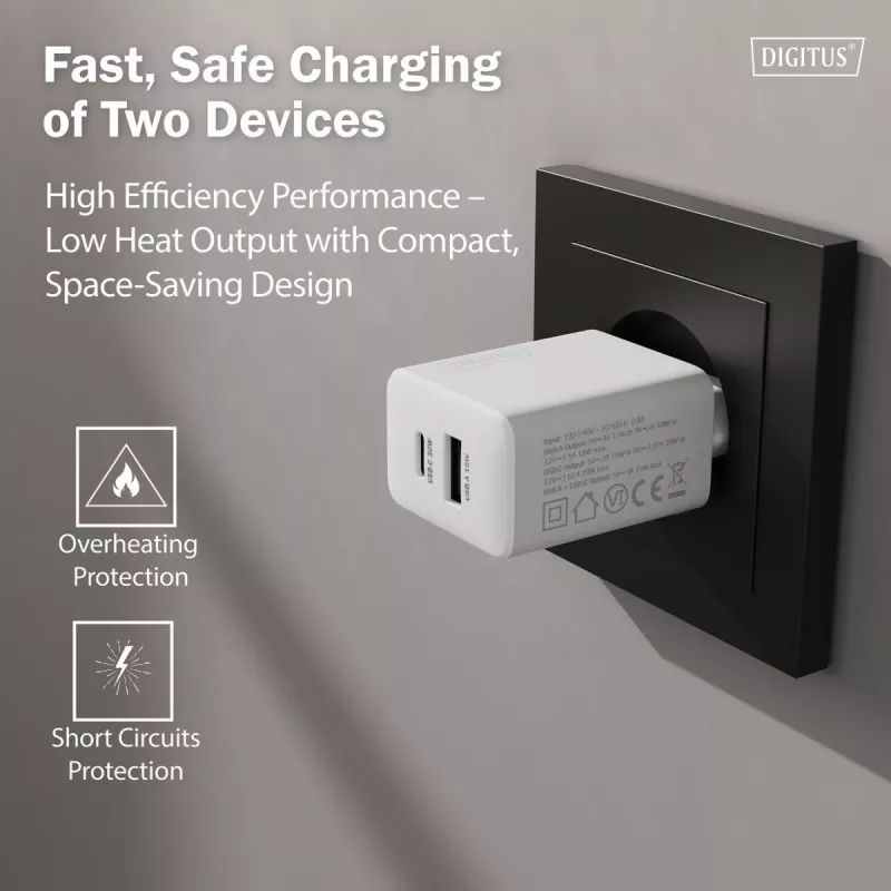 AC iekštelpu USB GaN lādētājs DIGITUS DA-10301 — 30W, 1× USB-C, 1× USB-A, 100–240V, balts