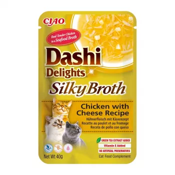 Kaķu mitrais našķis INABA Dashi Delights Zīdainais buljons ar vistu un sieru 40 g vienas porcijas paciņa