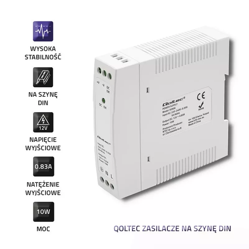 DIN sliedes barošanas bloks 10W, 12V, 0.83A, plāns