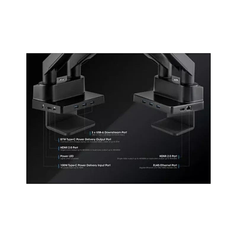 Manhattan Dual Desk Mount for TV & Monitors (Full Motion Gas Spring) ar iebūvētu dokstaciju, Ekrāniem līdz 27 collām, Porti (x7): Ethernet, HDMI (x2), USB-A (x3) un USB-C, Strāvas padeve (100 W) uz USB-C portu (Nepieciešams atsevišķs USB-C sienas lādētājs/kabelis), VESA: 75x75 un 100x100 mm