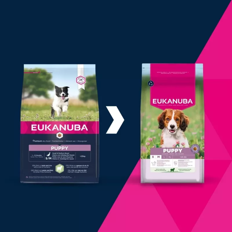 Sausā suņu barība EUKANUBA Puppy & Junior Small/Medium Lamb & Rice 3 kg — pilnvērtīga barība mazu/vidēju šķirņu jaunajiem suņiem