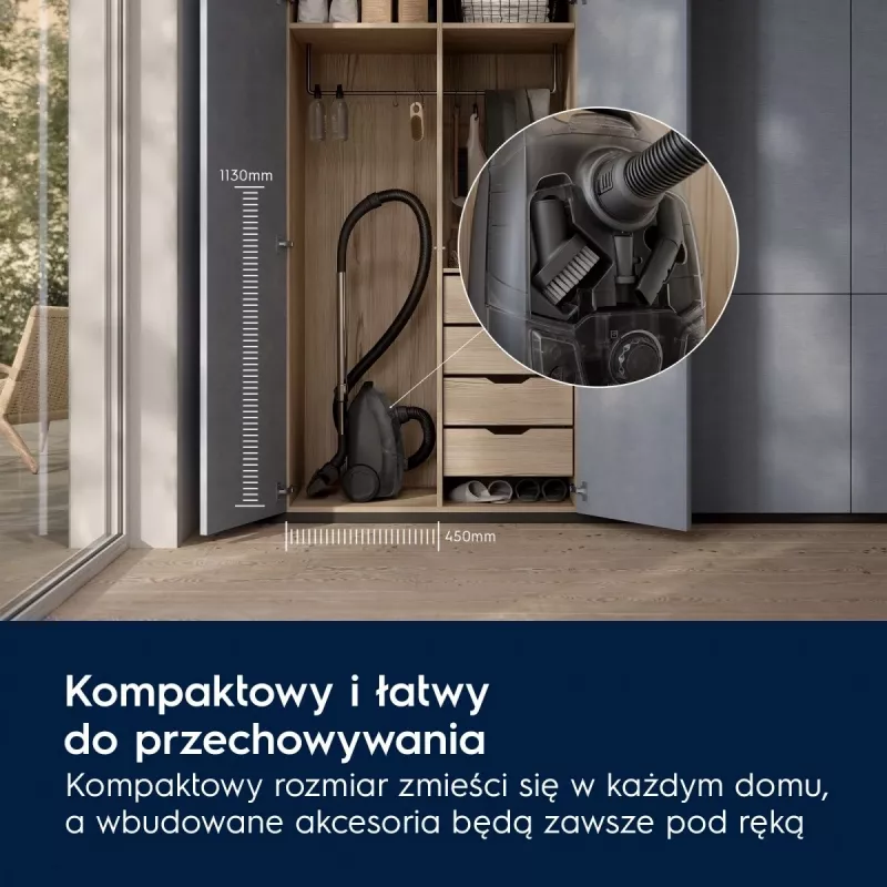 Electrolux EB31C1DB cilindriskais putekļsūcējs 750W, 3 L putekļu maiss, HEPA filtrs, teleskopiska tērauda caurule