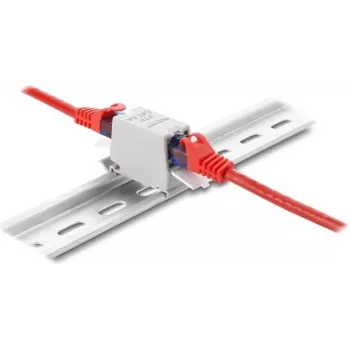 Savienotājs DELOCK RJ45 Cat.6A sievišķais-sievišķais ar putekļu aizsargvāku, ekranēts, DIN sliedes stiprinājums, pelēks/balts