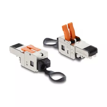 DELOCK RJ45 spraudnis ar fiksatora slēdzeni, 2 kontaktu +/-, bez instrumentiem, kompozīts barošanas savienotājs, vīrišķais, melns/nerūsējošais tērauds