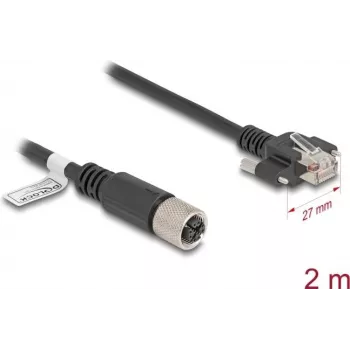 Tīkla kabelis DeLOCK M12 kabelis X-kodēts 8 kontaktu sievišķais savienotājs uz RJ45 spraudni Cat.6A 2 m melns