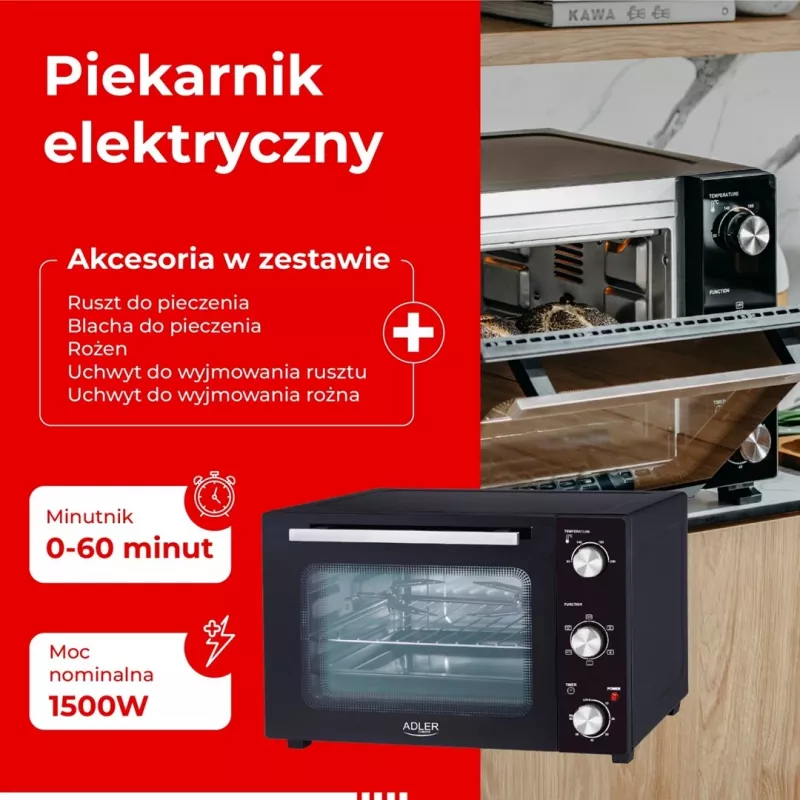 Elektriskā kompakta galda krāsns Adler AD 6026 — 48 L ietilpība, 1800 W, brīvi stāvoša, mehānisks taimeris
