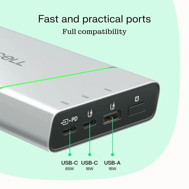 Portatīvs akumulators zaļa Cell BPLGC20P 20800 mAh litija jonu, USB-C PD 65W, 2x USB-C + 1x USB-A, alumīnija korpuss