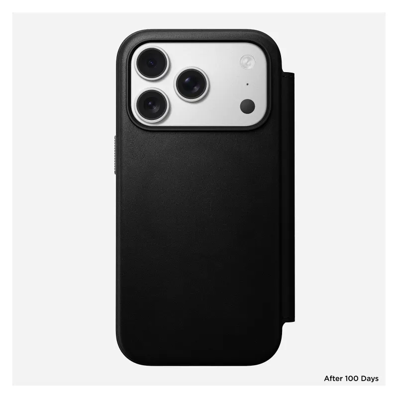 Mobilā tālruņa ādas vāciņš Nomad Modern Leather Folio Cover iPhone 17 Pro, 16 cm (6,3 collas), melns, 4 karšu kabatiņas