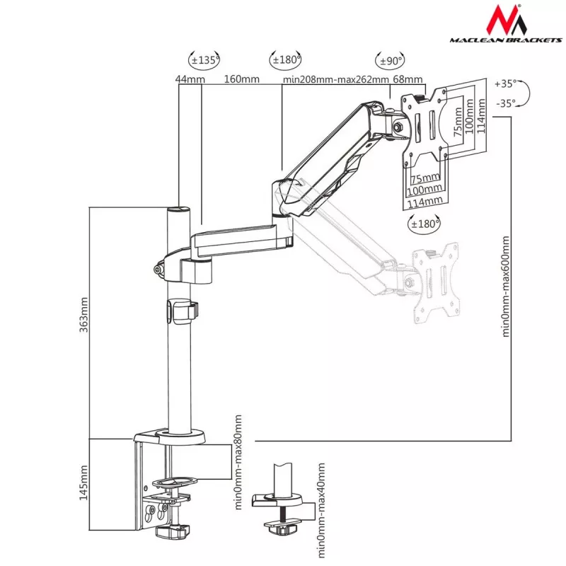 Galda monitora stiprinājums MACLEAN MC-775 32 collu (81,3 cm) ekrāniem, VESA 75x75–100x100, līdz 8 kg, pelēks